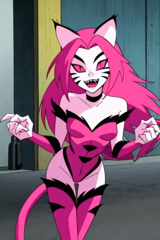 NyaNya,   1girl, solo, pink eyes, pink hair, pink skin, long hair, cat ears, pink sclera, cat tail, claws,  slit pupils, pink lips, whisker markings, pink bodysuit, fangs, bare shoulders, choker, pink bodysuit, white gloves, 