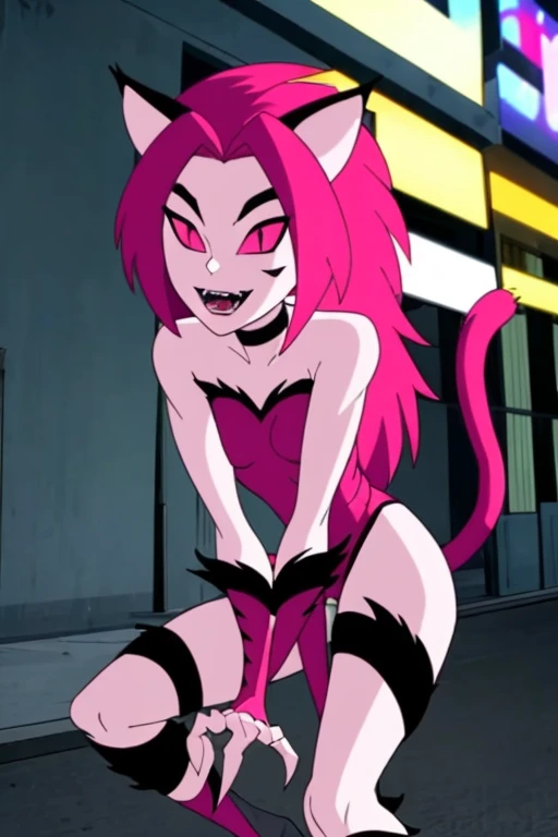 NyaNya,   1girl, solo, pink eyes, pink hair, pink skin, long hair, cat ears, pink sclera, cat tail, claws,  slit pupils, pink lips, whisker markings, pink bodysuit, fangs, bare shoulders, choker, pink bodysuit, white gloves, 