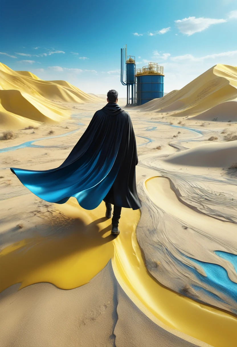 Man in black cape in the desert walking alone, mostly blue tones and small details in yellow, 4D high relief texture, construction, construction site, Building in the background, floor, 8k, 4D, futuristic, water tank in the background, ornate desert, aerial view, drone view, seen from a distance, photorealism, abstract impressionism