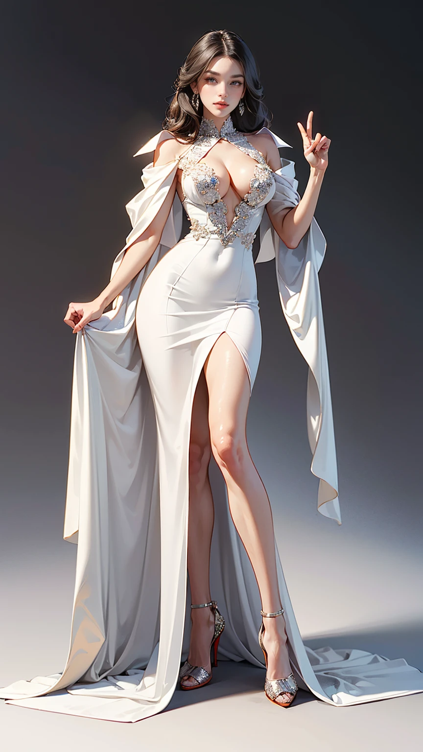 ((best quality,4k,highres,masterpiece:1.2)),((character concept art)), 1 female, French origin, age 31, brunette hair. Her presence is incredibly sexy and seductive, adding an extra layer of intrigue and danger to her overall persona. She is wearing a stunning Versace Crystal-Embellished Silk Gown, adorned with crystals, featuring a fitted silhouette, a deep V-neckline, and a high leg slit. The luxurious silk gown embodies Versace's signature dramatic style, perfect for an evening event. She is also wearing a pair of Christian Louboutin high heels, adding to her allure. ((intricate detail)), super finely detailed hands, ultra finely detailed fingers(((ten fingers))), (standing seductively), (full body showcase), (show full body), (no logos on background), (no logo), ((plain background)), ((plain background)), (((empty background))).