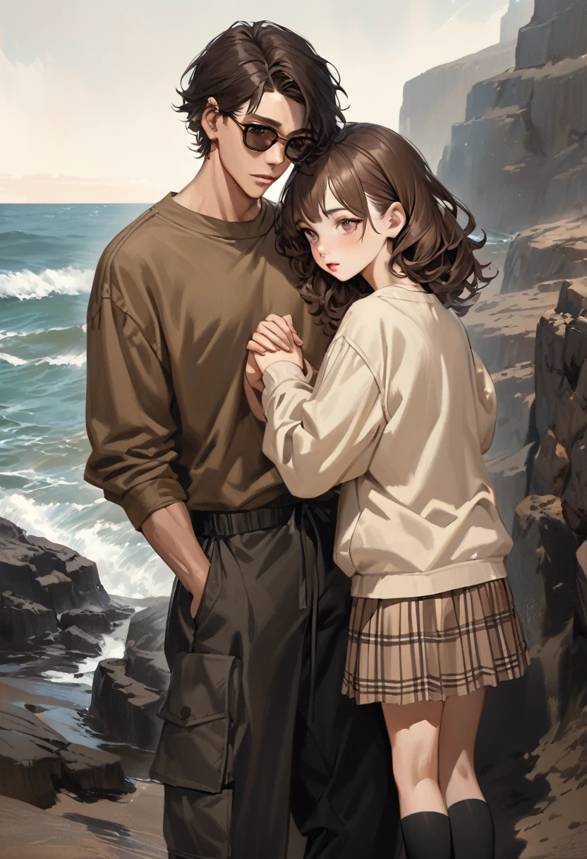 A young woman with long dark wavy hair,wears white glasses, your eyes are brown, She wears a long black blouse and a short plaid skirt with shades of brown and white and has black knee socks and a young man of the same age, but higher, he has slightly dark brown hair, but they are still clear, and dark brown eyes. He wears a beige sweatshirt, long-sleeved and black cargo pants. Touch of Coasts: The characters have their backs to each other, but with your hands clasped behind your back, symbolizing the hidden connection. (realistic styling/ realist art / Extremely realistic art/ realist art)