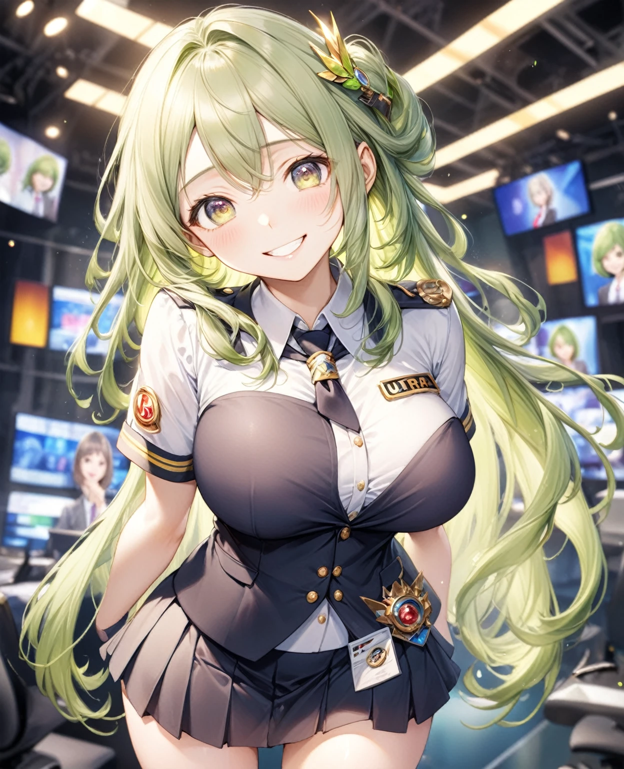 (Highest quality, 8k, 32K, masterpiece, Ultra-high resolution,:1.2),to be born, One Girl,So cute , Fantasy background like a news studio, clear, Shining Eyes, Age 25 ,Fair skin, Green Hair Girl, Slanted Eyes, Long Hair, An innocent smile, Grin, Large Breasts, , mini skirt,uniform