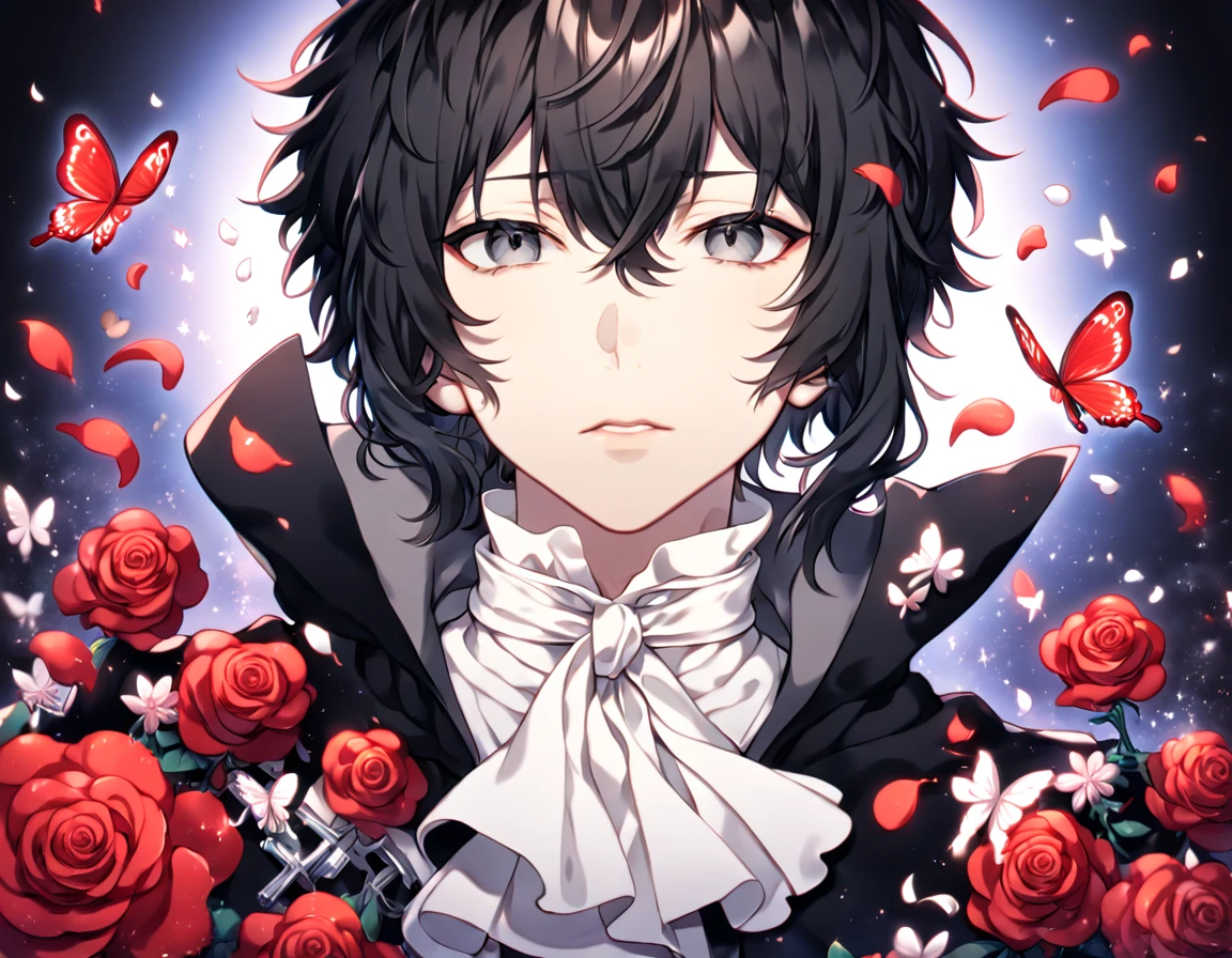 absurdres, highres, ultra detailed, HDR, master piece, best quality, extremely detailed, Akutagawa Ryuonosuke, black hair, expressive gray eyes, Bungou Stray Dogs, solo, sexy man, handsome, black coat with high collar, white shirt, white cravat, cross, red butterflies, petals, magical, red roses, fantasy