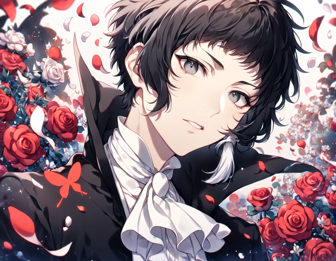 absurdres, highres, ultra detailed, HDR, master piece, best quality, extremely detailed, Akutagawa Ryuonosuke, black hair, expressive gray eyes, Bungou Stray Dogs, solo, sexy man, handsome, black coat with high collar, white shirt, white cravat, cross, red butterflies, petals, magical, red roses, fantasy