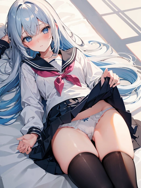 One girl, High school, White hair with blue tips, light blue eyes, black Highschool uniform, small, laying on ground, skirt lifted, showing, large blush, embarrassed
