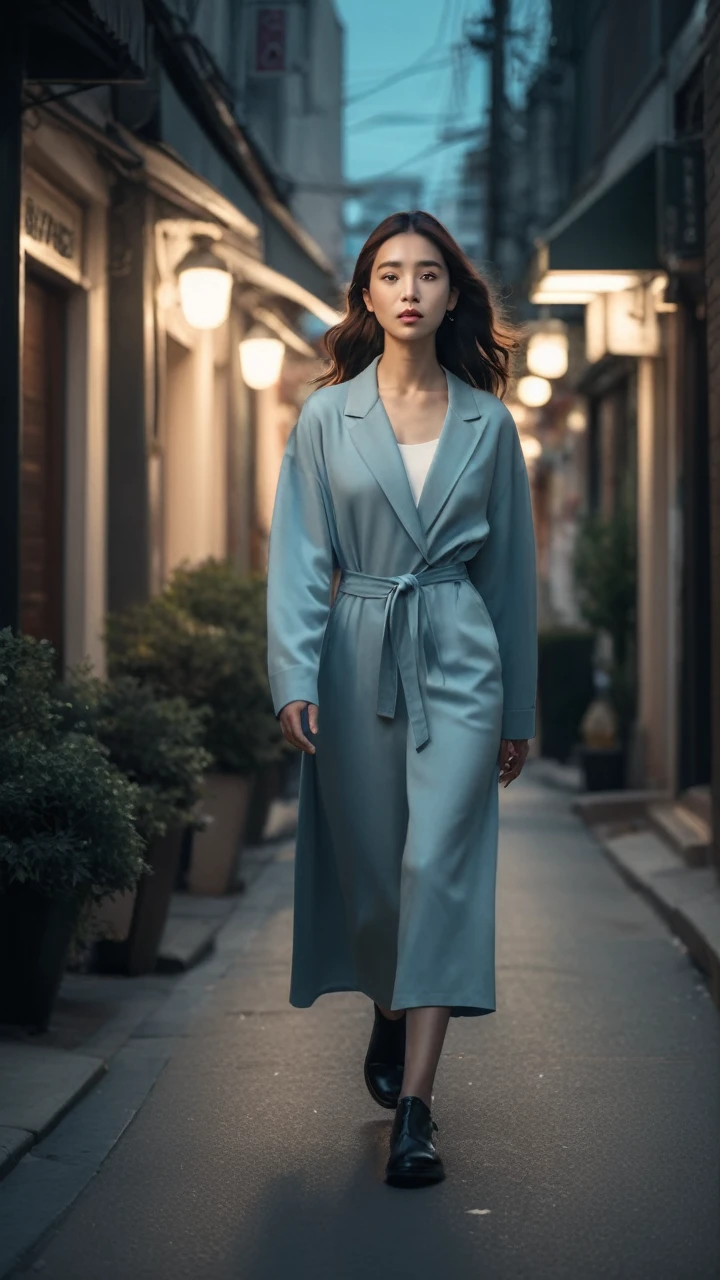 Korea girl walking on the street, cinematic style soft lighting glow effect