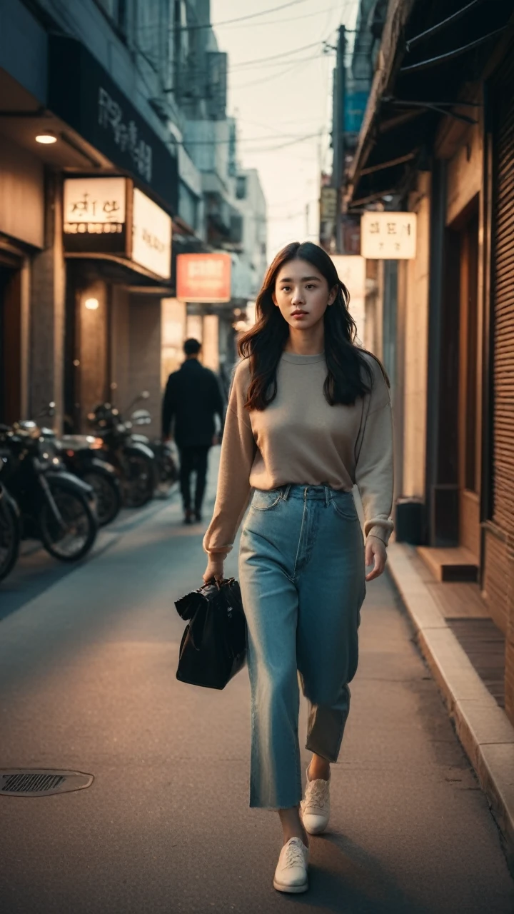 Korea girl walking on the street, cinematic style soft lighting glow effect