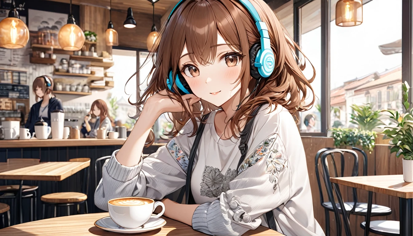Brown-haired girl wearing headphones、A day in the cafe - very detailed、masterpiece, Highest quality, Bright - on a cafe background、Relaxed facial expression、Casual clothing、Coffee cup in hand
(Detailed fingers), (Emotional), (Breathtakingly beautiful), (main part:1.2 Whole body), (Anime Style), (Very detailed), (超High resolution, High resolution), (8k), (Complex and beautiful: 1.2)