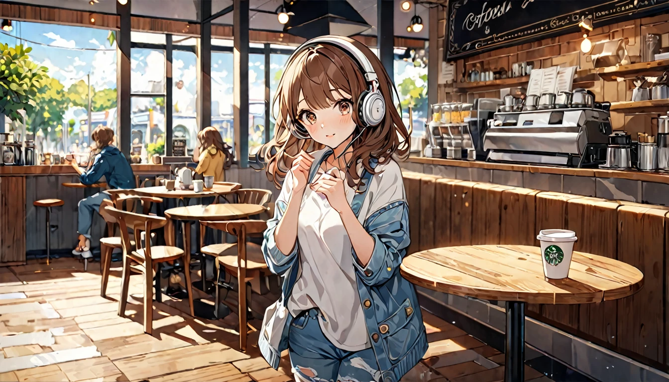 Brown-haired girl wearing headphones、A day in the cafe - very detailed、masterpiece, Highest quality, Bright - on a cafe background、Relaxed facial expression、Casual clothing、Coffee cup in hand
(Detailed fingers), (Emotional), (Breathtakingly beautiful), (main part:1.2 Whole body), (Anime Style), (Very detailed), (超High resolution, High resolution), (8k), (Complex and beautiful: 1.2)