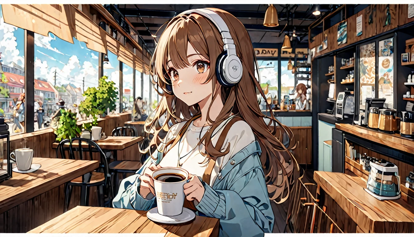 Brown-haired girl wearing headphones、A day in the cafe - very detailed、masterpiece, Highest quality, Bright - on a cafe background、Relaxed facial expression、Casual clothing、Coffee cup in hand
(Detailed fingers), (Emotional), (Breathtakingly beautiful), (main part:1.2 Whole body), (Anime Style), (Very detailed), (超High resolution, High resolution), (8k), (Complex and beautiful: 1.2)
