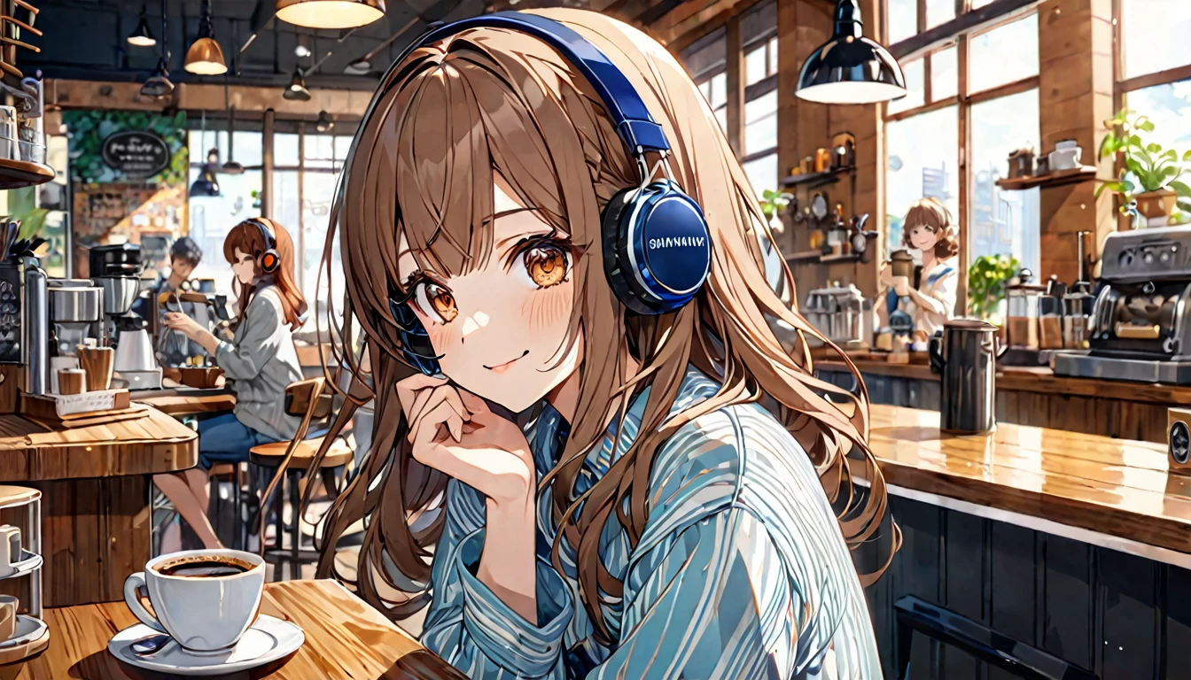Brown-haired girl wearing headphones、A day in the cafe - very detailed、masterpiece, Highest quality, Bright - on a cafe background、Relaxed facial expression、Casual clothing、Coffee cup in hand
(Detailed fingers), (Emotional), (Breathtakingly beautiful), (main part:1.2 Whole body), (Anime Style), (Very detailed), (超High resolution, High resolution), (8k), (Complex and beautiful: 1.2)
