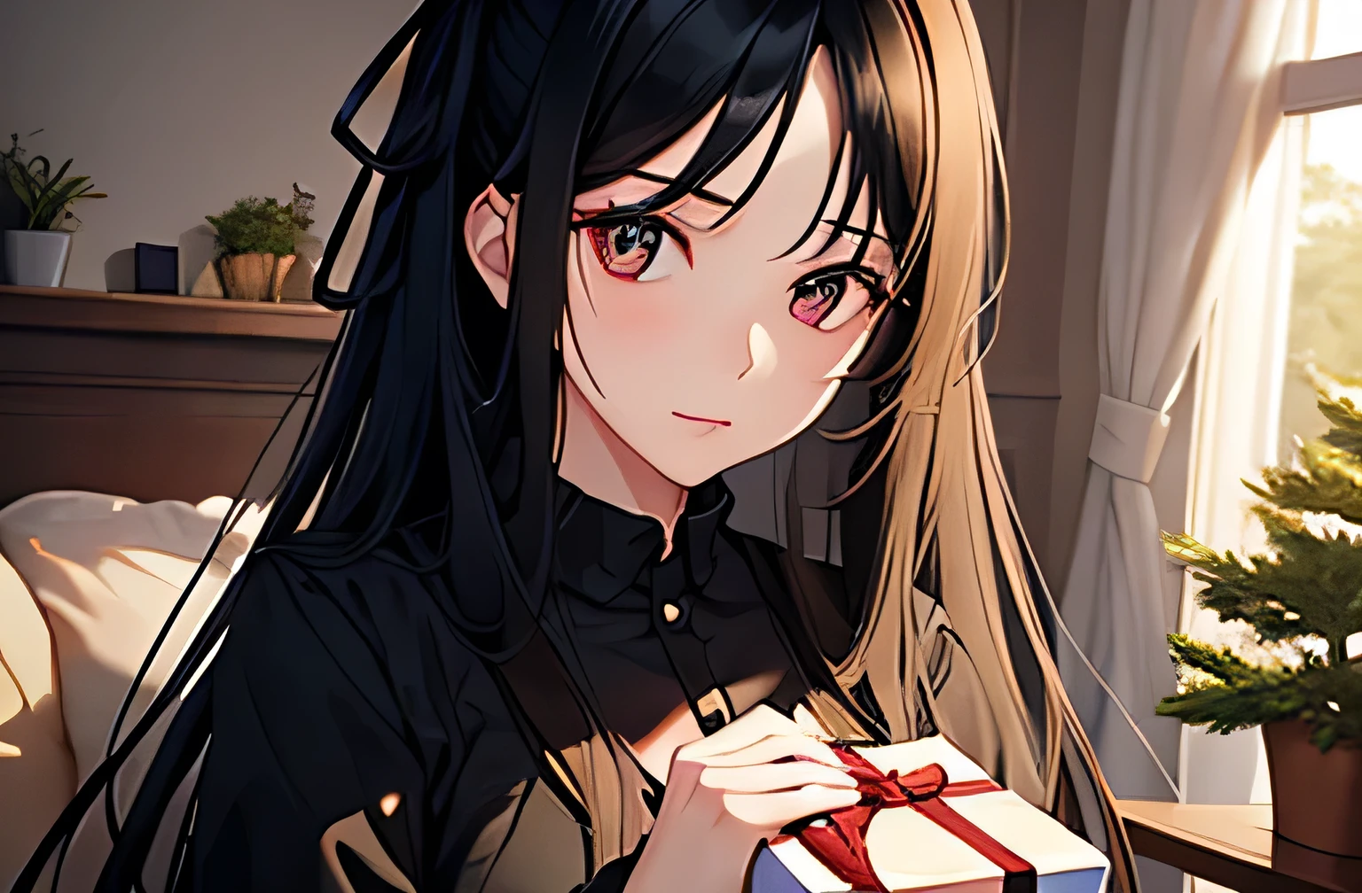 A woman with long black hair, a gift is placed in front of her, the woman is trying to remove the ribbon from the gift, the eyes are particularly high quality,