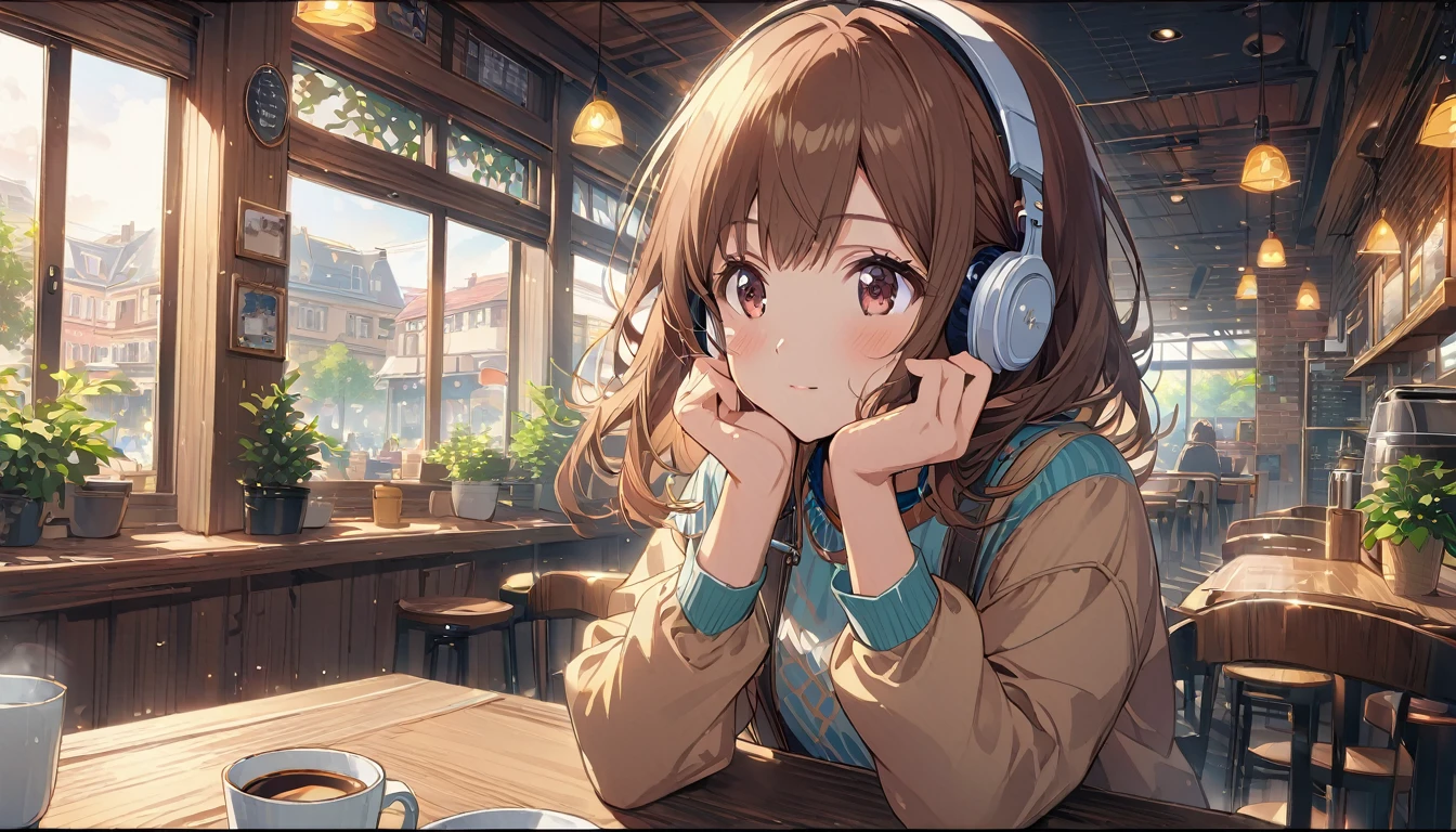 Brown-haired girl wearing headphones、A day in the cafe - very detailed、masterpiece, Highest quality, Bright - on a cafe background、Relaxed facial expression、Casual clothing、Coffee cup in hand
(Detailed fingers), (Emotional), (Breathtakingly beautiful), (main part:1.2 Whole body), (Anime Style), (Very detailed), (超High resolution, High resolution), (8k), (Complex and beautiful: 1.2)
