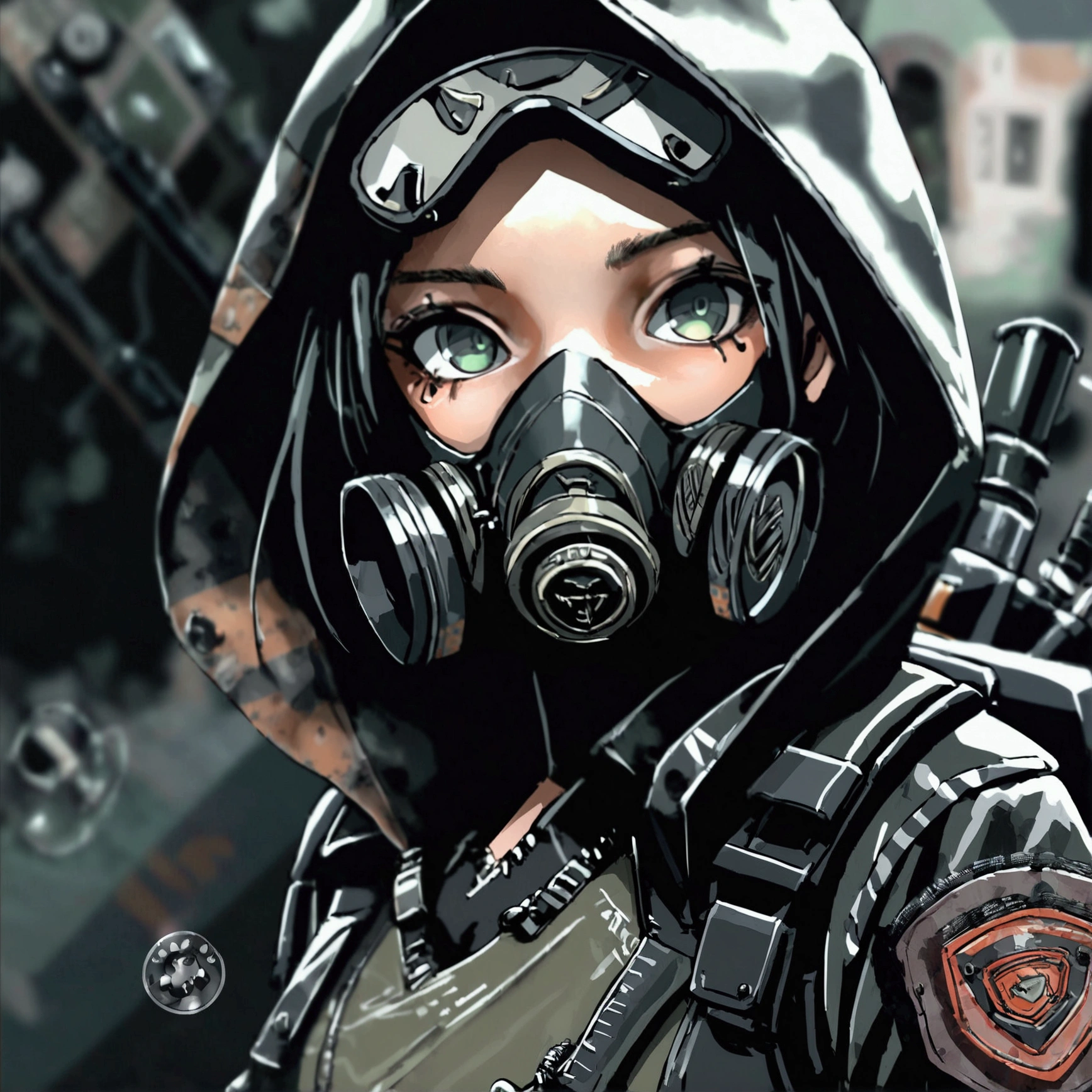 ((mejor calidad)), ((obra maestra)), (detallado), 1 chica, Female, black hood, gas mask, black jacket, bulletproof vest and green vest. Black tactical backpack. Post apocalyptic style