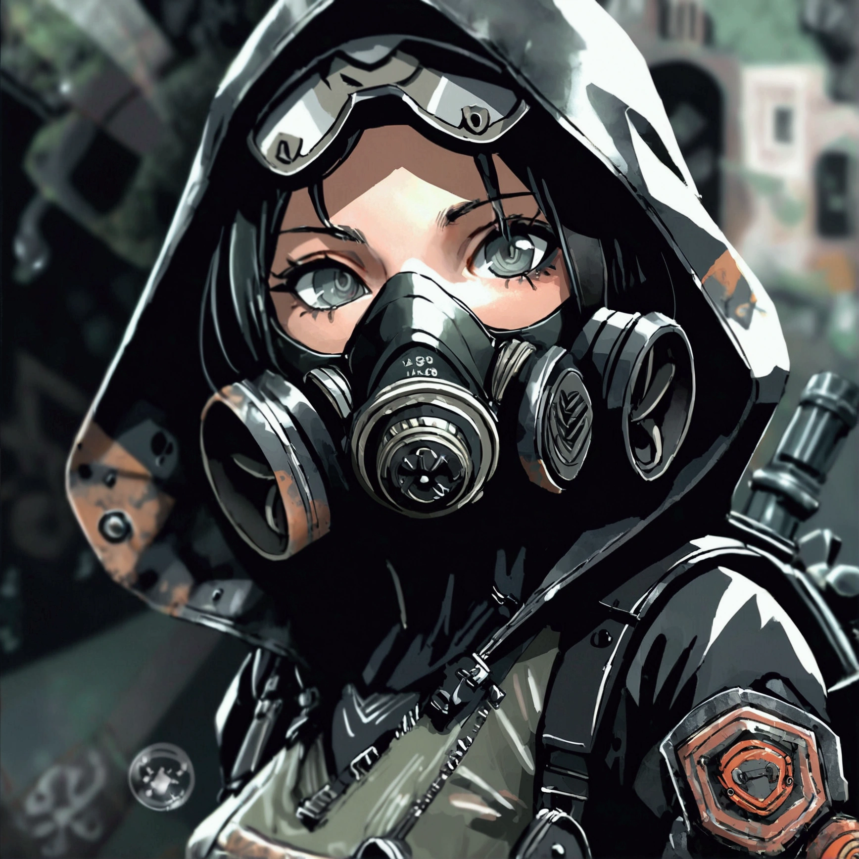 ((mejor calidad)), ((obra maestra)), (detallado), 1 chica, Female, black hood, gas mask, black jacket, bulletproof vest and green vest. Black tactical backpack. Post apocalyptic style