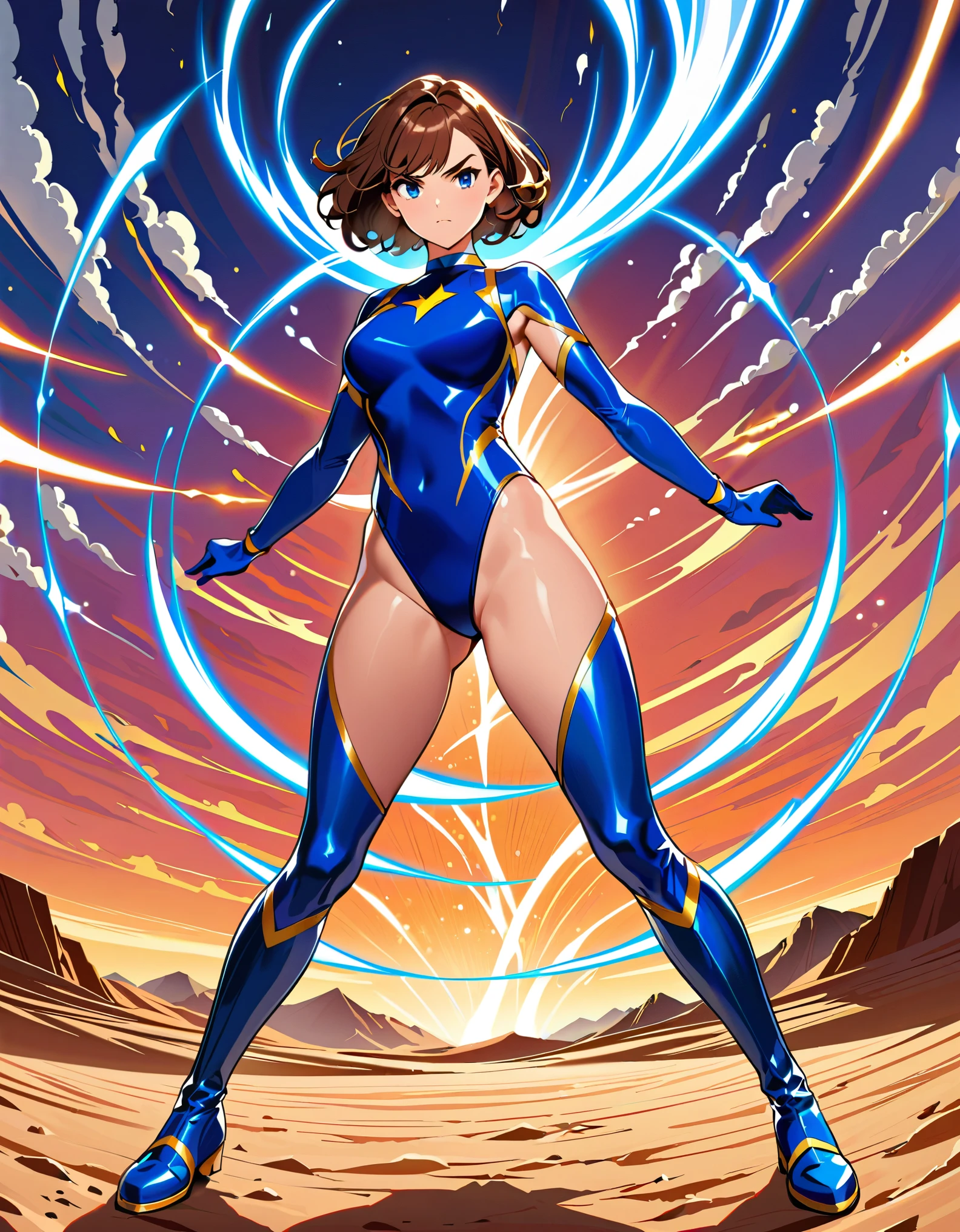 (masterpiece), (best quality), (high res), highly detailed, professional, 1girl, tall body, wonder, superhero, blue choker, blue eyes, blue footwear, blue gloves, matching boots, (blue leotard, competition swimsuit, elastic sleeves), medium breasts, brown hair, knee boots, short hair, bob hair, solo, determined, serious, full body, college-age female, cowboy shot, full body costume design. desert backdrop. ((T-pose with legs together)). (spins fast in place like a tornado, whirls fast in place like a tornado, tornado whirling, (spiral lines around her), spinning energy pulse around her, storm winds around her, whirls into a tornado, (she whirls) in (super speeds)). full body costume design. curved sword slash. she super-spins.