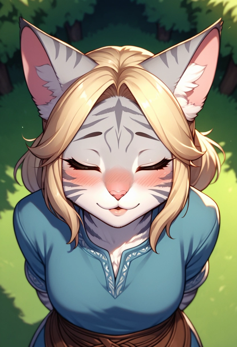 score_9,score_8_up,score_7_up, score_6_up, score_5_up,source_anime, kemono style, Kat,  Anthro furry feline, silver fur, grey stripes on body, blonde hair, pink nose, :3,  1girl,solo,  incom, imminent kiss, closed eyes, facing viewer, parted lips,from above, cowboy shot, blushing, head tilted up, about to kiss viewer, she is wearing a blue tunic, leather belts, hands behind her back, head facing viewer, head up, outdoors, close up, portrait, kissing face, kiss focus, 
