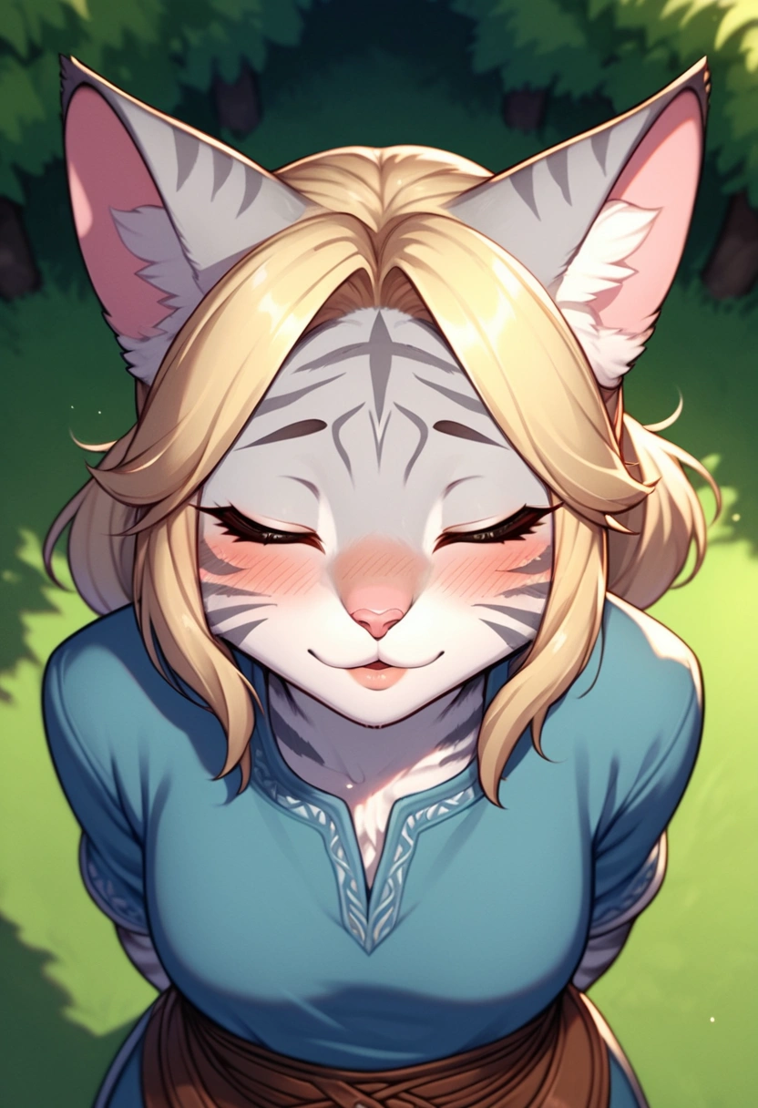 score_9,score_8_up,score_7_up, score_6_up, score_5_up,source_anime, kemono style, Kat, Anthro furry feline, silver fur, grey stripes on body, blonde hair, pink nose, :3, 1girl,solo, incom, imminent kiss, closed eyes, facing viewer, parted lips,from above, cowboy shot, blushing, head tilted up, about to kiss viewer, she is wearing a blue tunic, leather belts, hands behind her back, head facing viewer, head up, outdoors, close up, portrait, kissing face, kiss focus,
