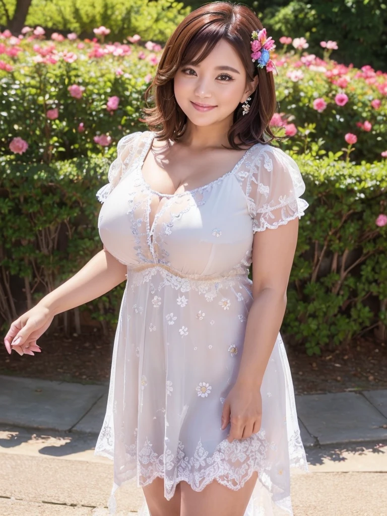 A beautiful and hot almost chubby mature woman.who is wearing a patterned short dress and is and standing in the park. A smiling face、sexy woman、A radiant smile、adorable、race、Frills、Colorful design、Full-length mirror、An inviting gaze、Gorgeous long and beautiful hairstyle、variation Hairstyle、Open neck blouse、Flower Garden、(flower:1.2)、Full body photo、((Delicately decorated dress))、1人,
