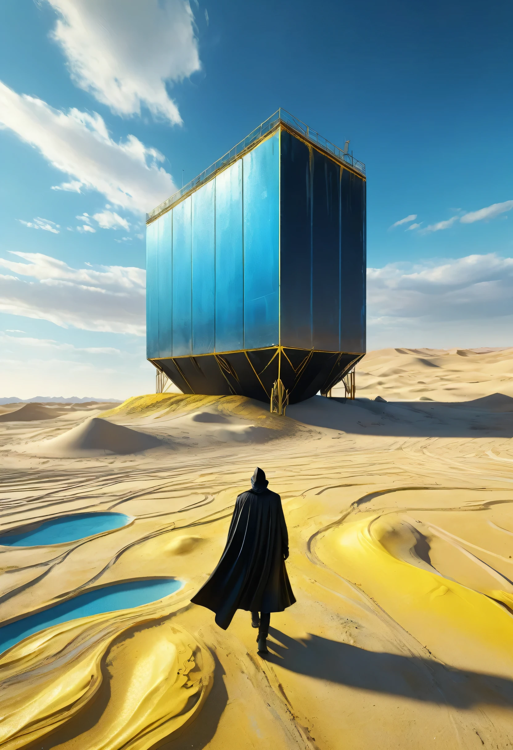 Man in black cape in the desert walking alone, mostly blue tones and small details in yellow, 4D high relief texture, construction, construction site, Building in the background, floor, 8k, 4D, futuristic, water tank in the background, ornate desert, aerial view, drone view, seen from a distance, photorealism, abstract impressionism