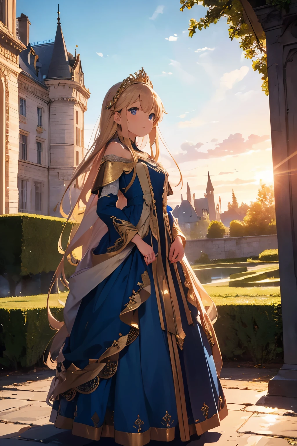 (HD, High Definition, 4k)(full body) (detailed eyes)(is in profile) (seen from afar)A young princess of s (Whole body) in a medieval fantasy world, with long golden curls that cascade over her shoulders and bright blue eyes that reflect the light. Wear an elegant royal blue silk dress, adorned with golden lace and delicate jewels. She wears a small gold tiara encrusted with sapphires on her head., enhancing his air of nobility. Her delicate hands hold a lace fan while standing in the garden of a majestic castle,  and his expression reflects a mixture of curiosity and innocence. (a castle in the background)