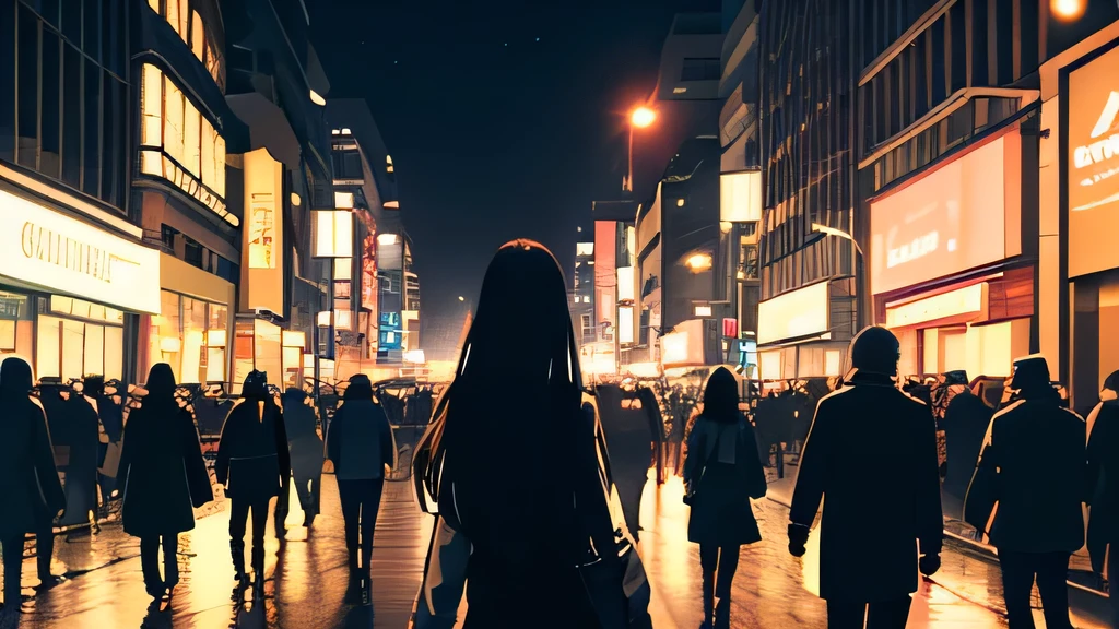 at night, The lights are on, the street, the traffic, the crowd, long hair girl walks alone, The people look, it&#39;s raining, cold