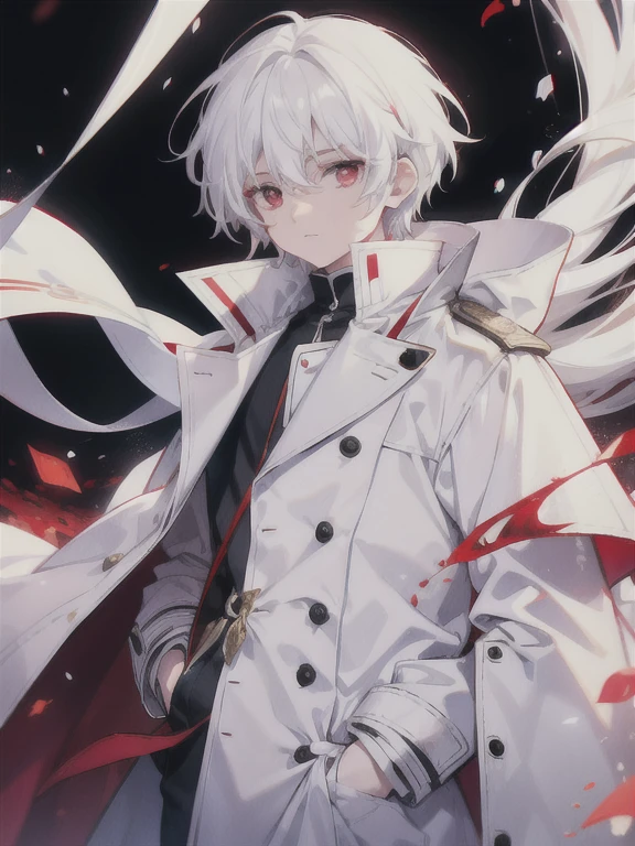 A young boy with red eyes, white  hair,long and big coat,a white blouse with elegant details,