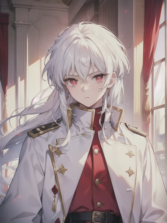 A young boy with red eyes, white  hair,long and big coat,a white blouse with elegant details,