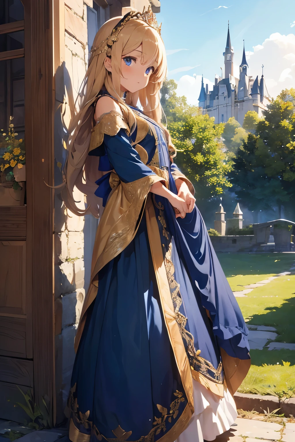 (HD, High Definition, 4k)(full body) (detailed eyes)(is in profile) (seen from afar)A young princess of 15 years (Whole body) in a medieval fantasy world, with long golden curls that cascade over her shoulders and bright blue eyes that reflect the light. Wear an elegant royal blue silk dress, adorned with golden lace and delicate jewels. She wears a small gold tiara encrusted with sapphires on her head., enhancing his air of nobility. Her delicate hands hold a lace fan while standing in the garden of a majestic castle, and his expression reflects a mixture of curiosity and innocence. (a castle in the background)