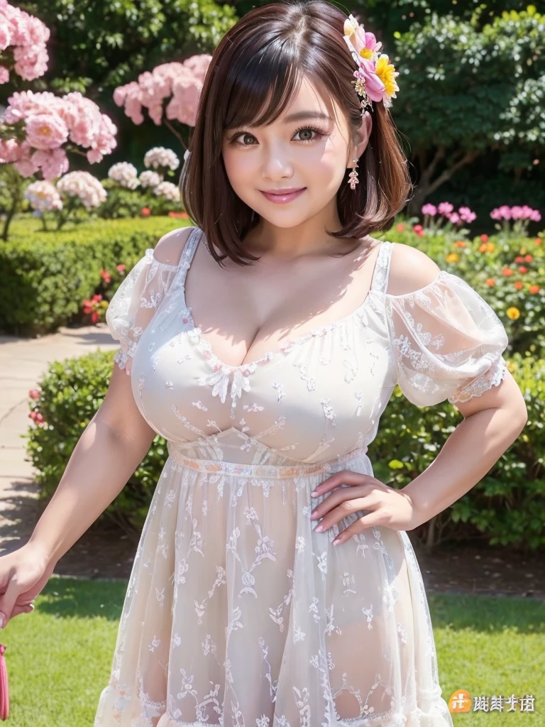 A beautiful and hot almost chubby mature woman.who is wearing a patterned short dress and is and standing in the park. A smiling face、sexy woman、A radiant smile、adorable、race、Frills、Colorful design、Full-length mirror、An inviting gaze、Gorgeous long and beautiful hairstyle、variation Hairstyle、Open neck blouse、Flower Garden、(flower:1.2)、Full body photo、((Delicately decorated dress))、1人,
