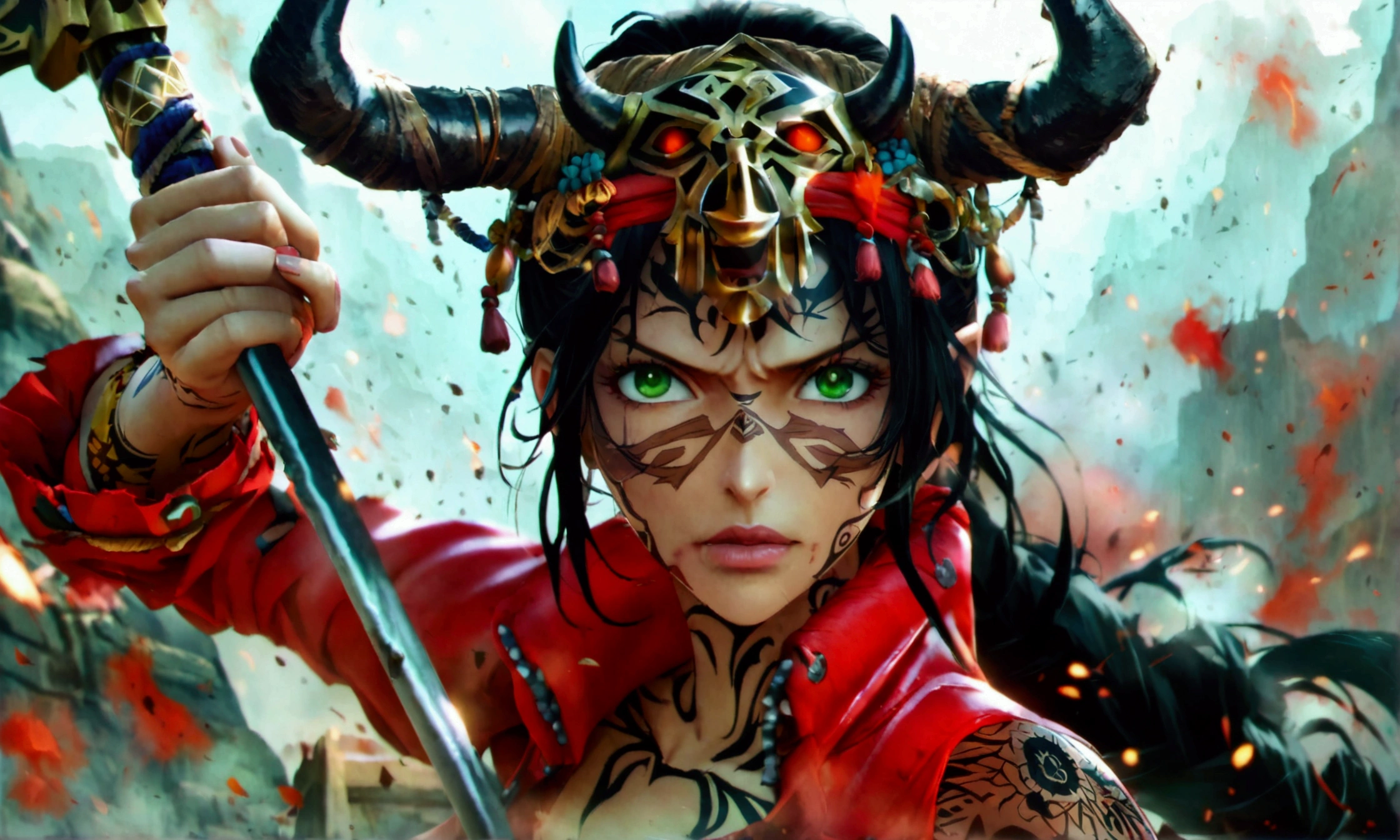 Black woman, mature face, medium brown hair, green eyes, red jacket with axe ornaments, black horns, tribal tattoos, black blouse, holding an axe, angry expression, bloody battlefield background, "Anime character design inspired by One Piece, full of dramatic and impressive lighting, focus on the centralized character, impressive face, full of creative details, ultra-fine 4K design, scenery bathed in creativity, boasting 2D anime resolution clarity, HD anime graphics, high-octane rendering"