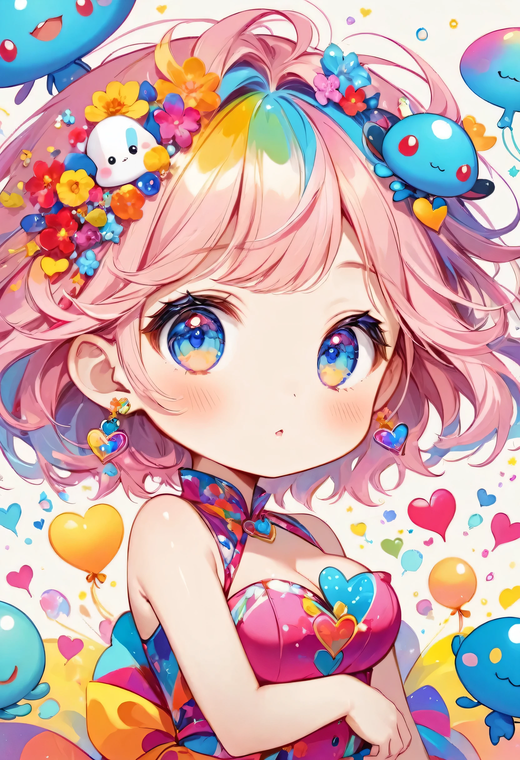 Mika Pikazo colorfull style, Simple Line Initialism,Abstract art,(((The most beautiful girl of all time))), (((chibi))), Sweet face. colorful hearts, funny design, (((bosom buddy ))), (((Cute Aliens))), The background is space