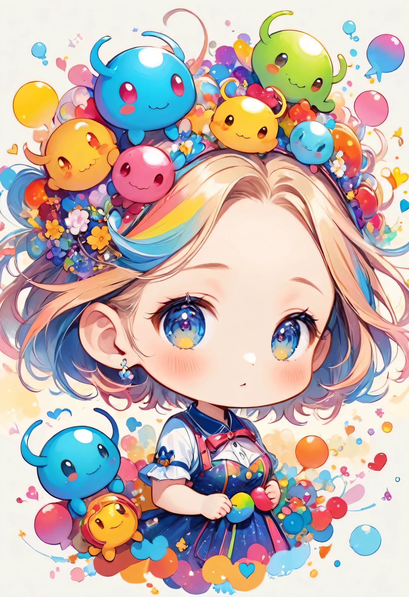 Mika Pikazo colorfull style, Simple Line Initialism，Abstract art，(((The most beautiful girl of all time))), (((chibi))), Sweet face. colorful hearts, funny design, (((bosom buddy ))), (((Cute Aliens))), The background is space