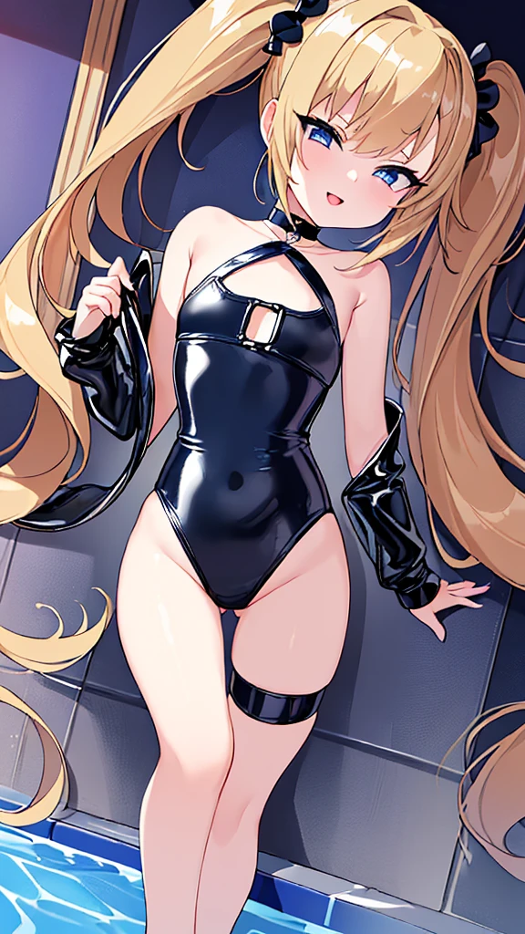 ((highest quality)), (masterpiece)), (detailed: 1.4), Unorganized resolution、High resolution、(masterpiece:1.4)、Super detailed、one beautiful girl、highest quality、master piece、Very detailed、(1 girl):1.4、(black latex swimsuit)、(Golden hair):1.3、twin tails、Short twin tails、choker、(dark blue eyes):1.1,(shiny latex)、indoor pool background