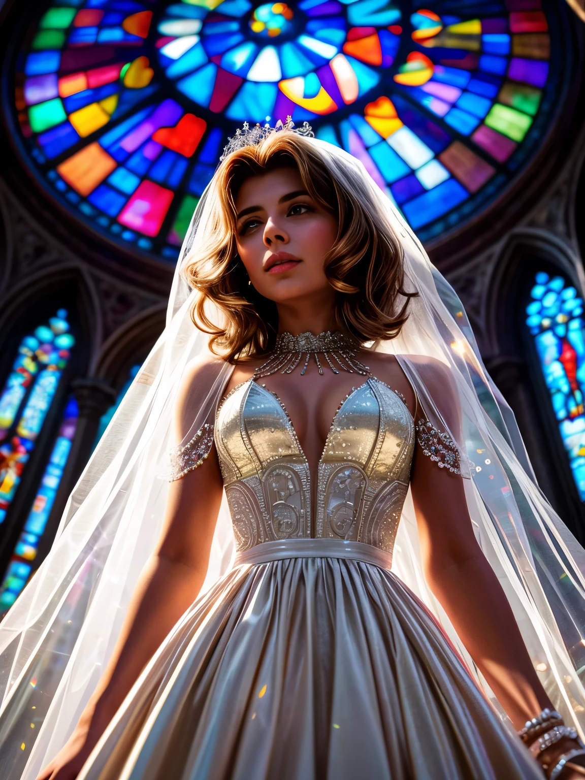 (White and Red) Grand Scale (Cathedral from below:1.28) ((ZoomLayer)) (TopQuality 8K (masterpiece (Professional photo))), (18yo((Ingrid Bergman))) (Detailed White WeddingDresses), Chain, (((Closeup of  detailed KAWAII face)through Veil)) {((VeiledFace))|BlondeHair|(Elaborate BuleEyes)with(SparklingHighlights:1.28)}, The background is distant (((Elaborate stained glass))) Rainbow Glass, {(MysticSight)|EnchantingAtmosphere|Haze|(GodRays)|TyndallEffect}, Radiant PearlSkin with Transparency, (Exposed:0.49) Corrected ChildishHand