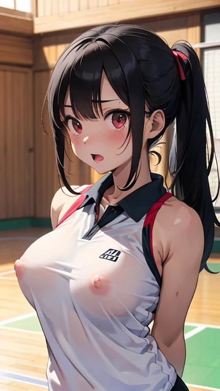 mastute piece,Best Quality,insanely detailed,8k cg,nsfw,
(shoot upper body:1.3),
(1girls:1.3),standing,looking at viewr,body in front,(arms behind back:1.4),(badminton-uniform:1.3),(bare breasts:1.2),(bare nipples:1.2),
break,
blush,shy,(ecstasy face),(trembling:1.2),break,(light black hair:1.3),
break,
perfect breasts,perfect teats,(open mouth:0.9),(large breasts:1.2),
(badminton-court),