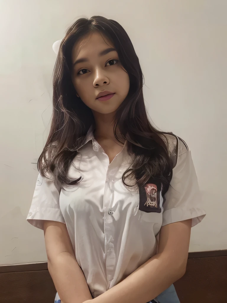 (High resolution potrait, masterpiece 1.3)  Bandung girl, student, solo, 1girl, purple eyes, black hair, bubble, white shirt ((half open shirt)), bra, looking at viewer, portrait, seductive eyes, (detailed eyes), double eyelid, long hair, perfect body, perfect face, detailed face, detailed body, closed mouth, room background, perfect girl figure, selebgram, idol (full body portrait) , sweet face, 