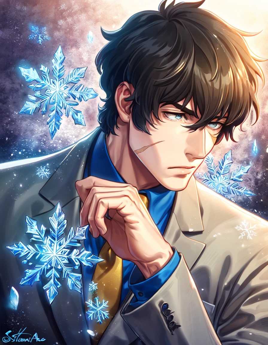 absurdres, highres, ultra detailed, HDR, master piece, Steven A. Starphase, black hair, expressive gray eyes, gray jacket, blue shirt, yellow necktie, scar on his right cheek, Kekkai Sensen, man, handsome, best quality, blue ice moon, ice flowers, fantasy, magical, solo, ice, blue shining fireflies, blue petals, sensual, snowflakes, winter