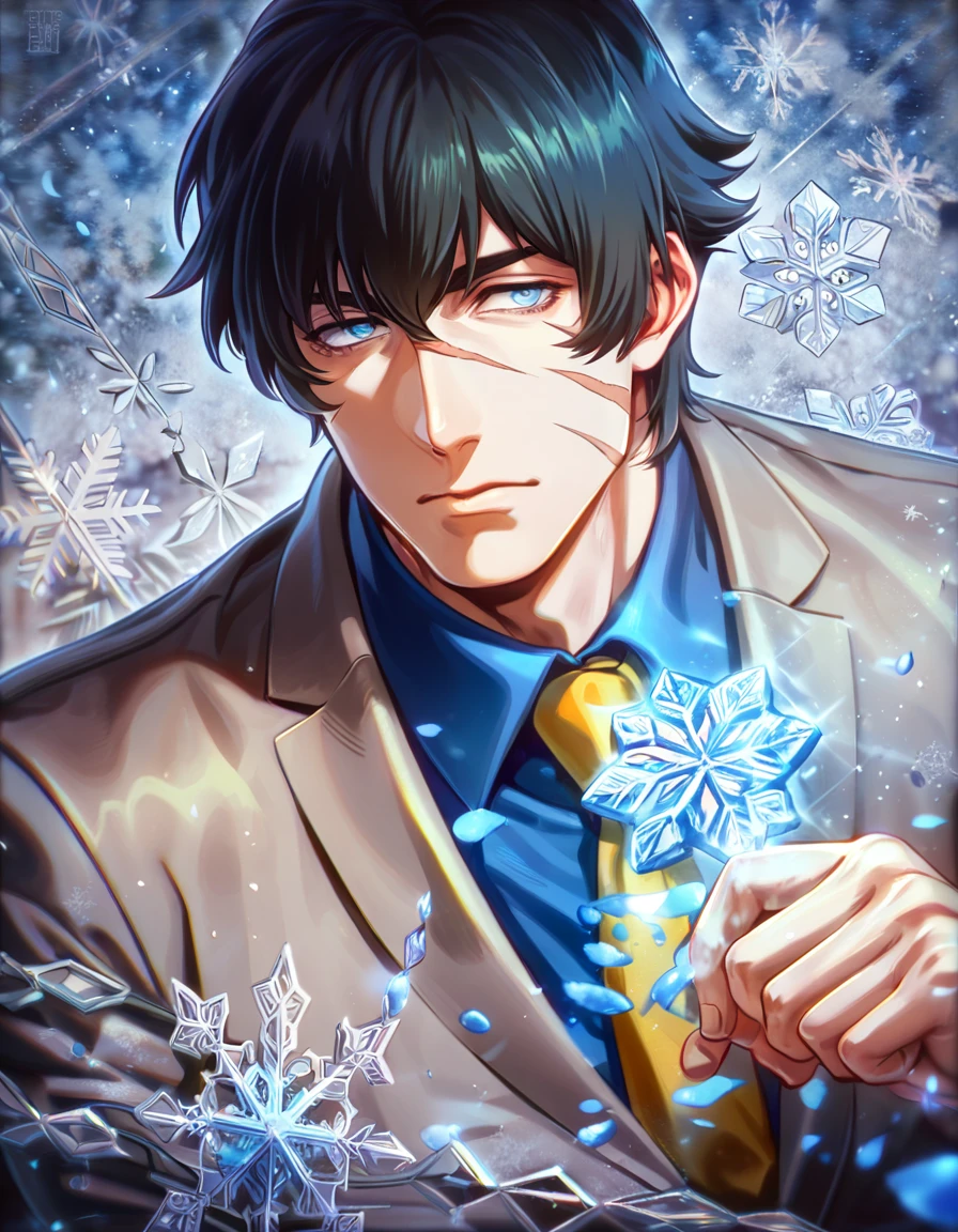 absurdres, highres, ultra detailed, HDR, master piece, Steven A. Starphase, black hair, expressive gray eyes, gray jacket, blue shirt, yellow necktie, scar on his right cheek, Kekkai Sensen, man, handsome, best quality, blue ice moon, ice flowers, fantasy, magical, solo, ice, blue shining fireflies, blue petals, sensual, snowflakes, winter