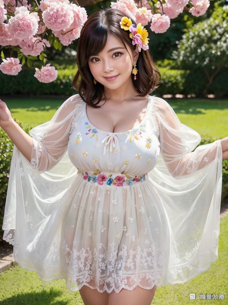 A beautiful and hot almost chubby mature woman.who is wearing a patterned short dress and is and standing in the park. A smiling face、sexy woman、A radiant smile、adorable、race、Frills、Colorful design、Full-length mirror、An inviting gaze、Gorgeous long and beautiful hairstyle、variation Hairstyle、Open neck blouse、Flower Garden、(flower:1.2)、Full body photo、((Delicately decorated dress))、1人,