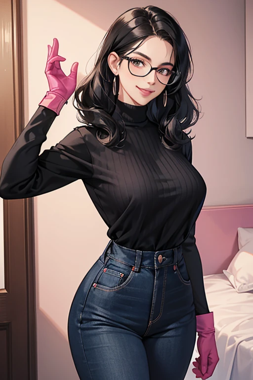 A mature woman with curly black hair and glasses, wearing a black long-sleeved high-neck shirt and blue jeans, smiling while wearing long pink rubber gloves in her room