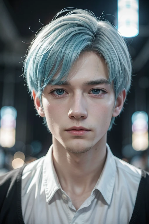 Anime style white man with light blue hair