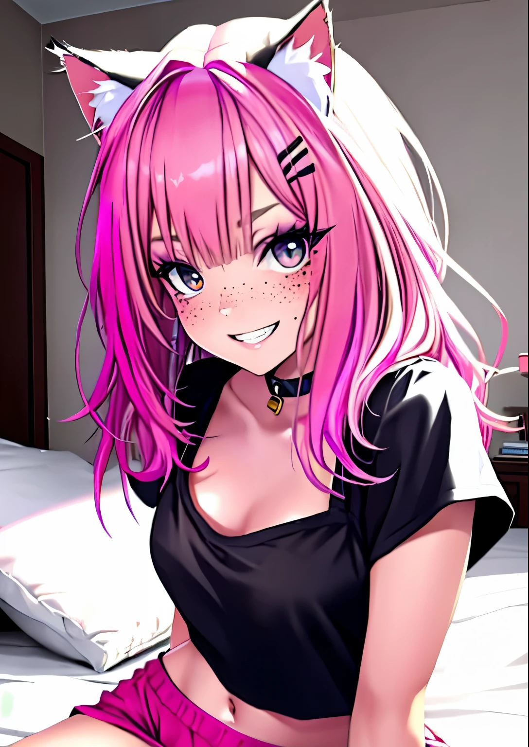 1girl, egirlmakeup, black crop top, short sleeves, cat ears, pink hair, bangs, freckles, sitting on bed, looking at viewer, grin