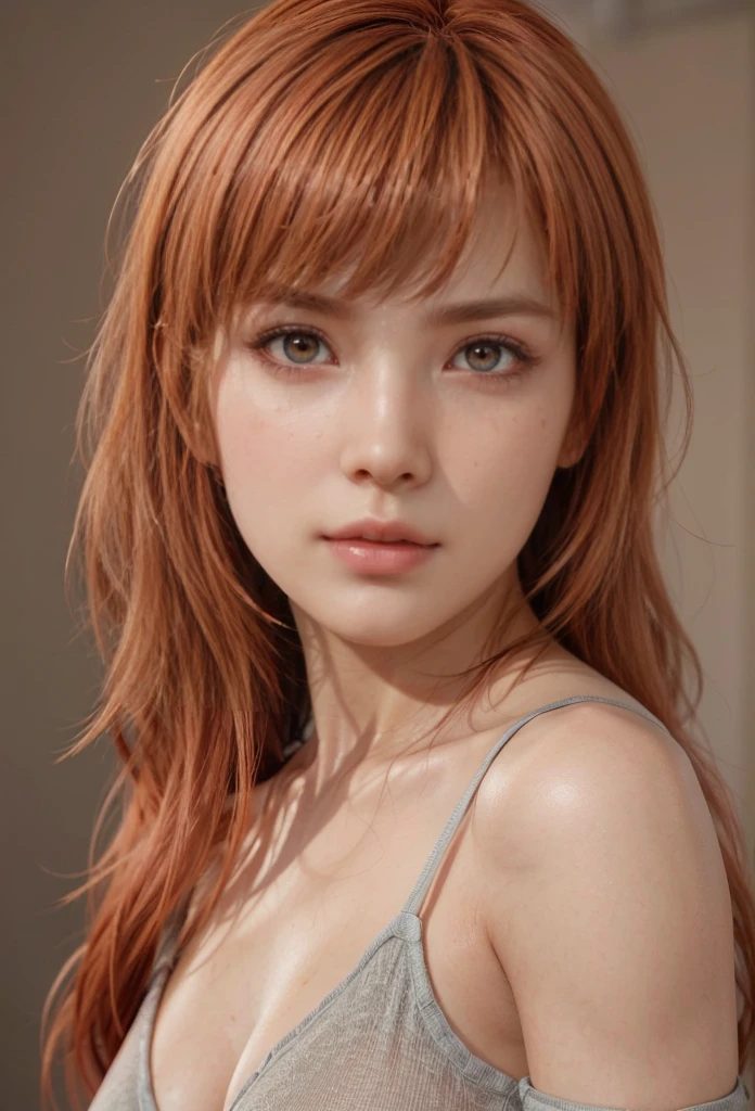 Kasumi, brown eyes, Red Hair, (best quality, ultra detail), (realistic:1.37), beautiful and detailed face, ultra-realistic texture, Delicate face, delicate body, red lipstick, bright colors. high definition, 8K. angry expression and penetrating, expressive gaze.