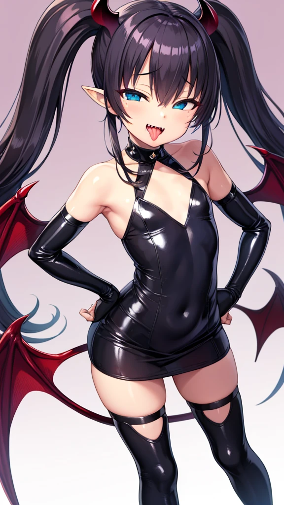 tachi-e, game cg, Highly detailed and realistic CG, Colorful, Masterpiece, Best Quality, jewel-like eyes, 1girl, solo, black hair, shiny hair, long straight hair, very long twintails, slender, skinny legs, succubus girl,succubus luxury dress, mini skirt, succubus boots, aqua blue eyes, flat chest, black elbow gloves, latex, smirk, smile, jitome, half-closed eyes, tsurime, simple background, from pov, best quality eyes, sharp teeth, tsundere, standing, contrapposto, hand on hip, (shiny skin:1.0), succubus wings, succubus tail, mesugaki, teasing, smug, cute girl, , open mouth, fangs, tongue out, pointy ears, pink heart tattoo, (Sharp Focus:1.2), Thin arms, Thin legs, outline, Evil Female Executive Succubus,