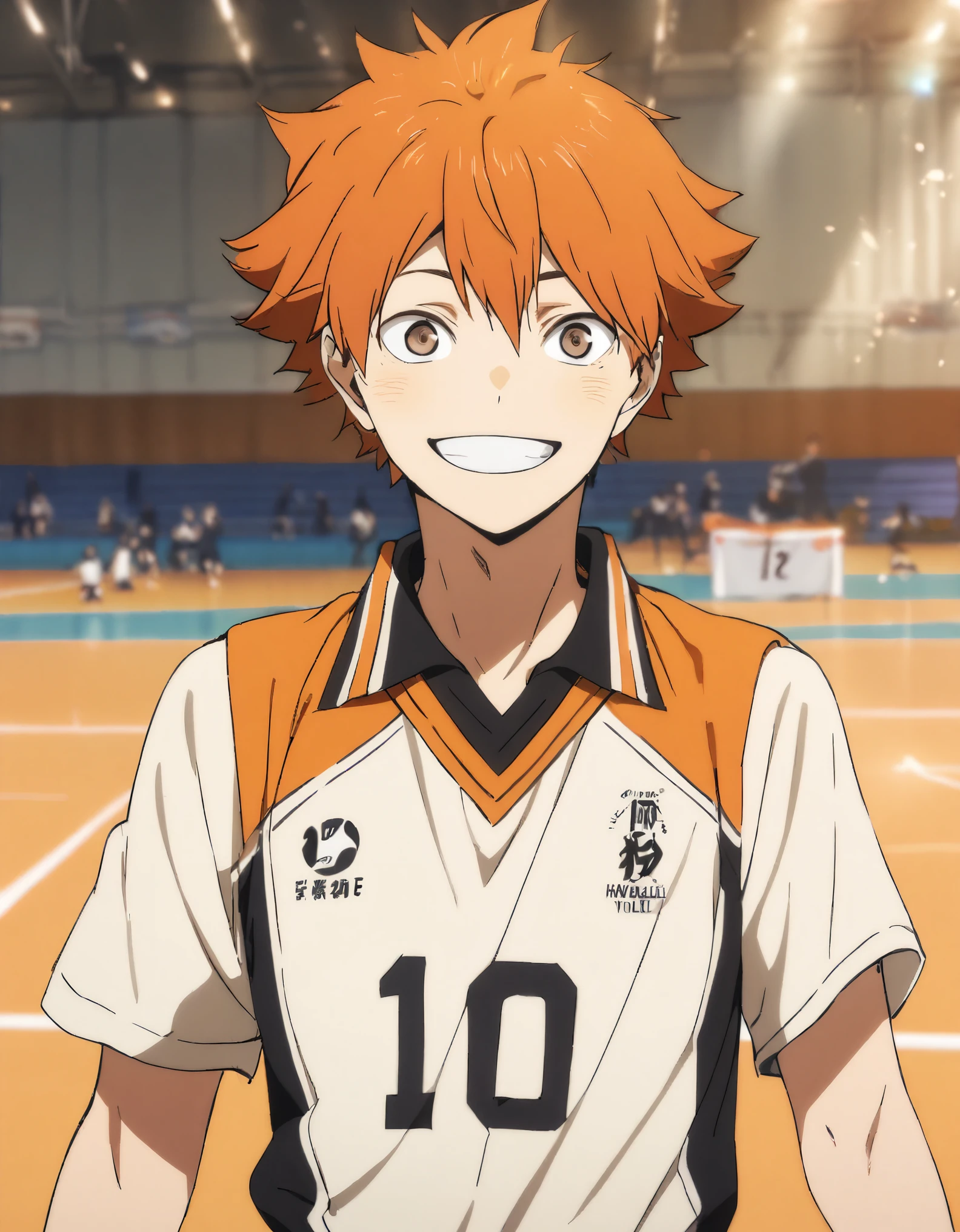 1boy, Shoyo Hinata, orange hair, short hair, uniform number 10, gymnasium, bright, Smiling, Focus on the face, Upper body, (((have a volleyball)))