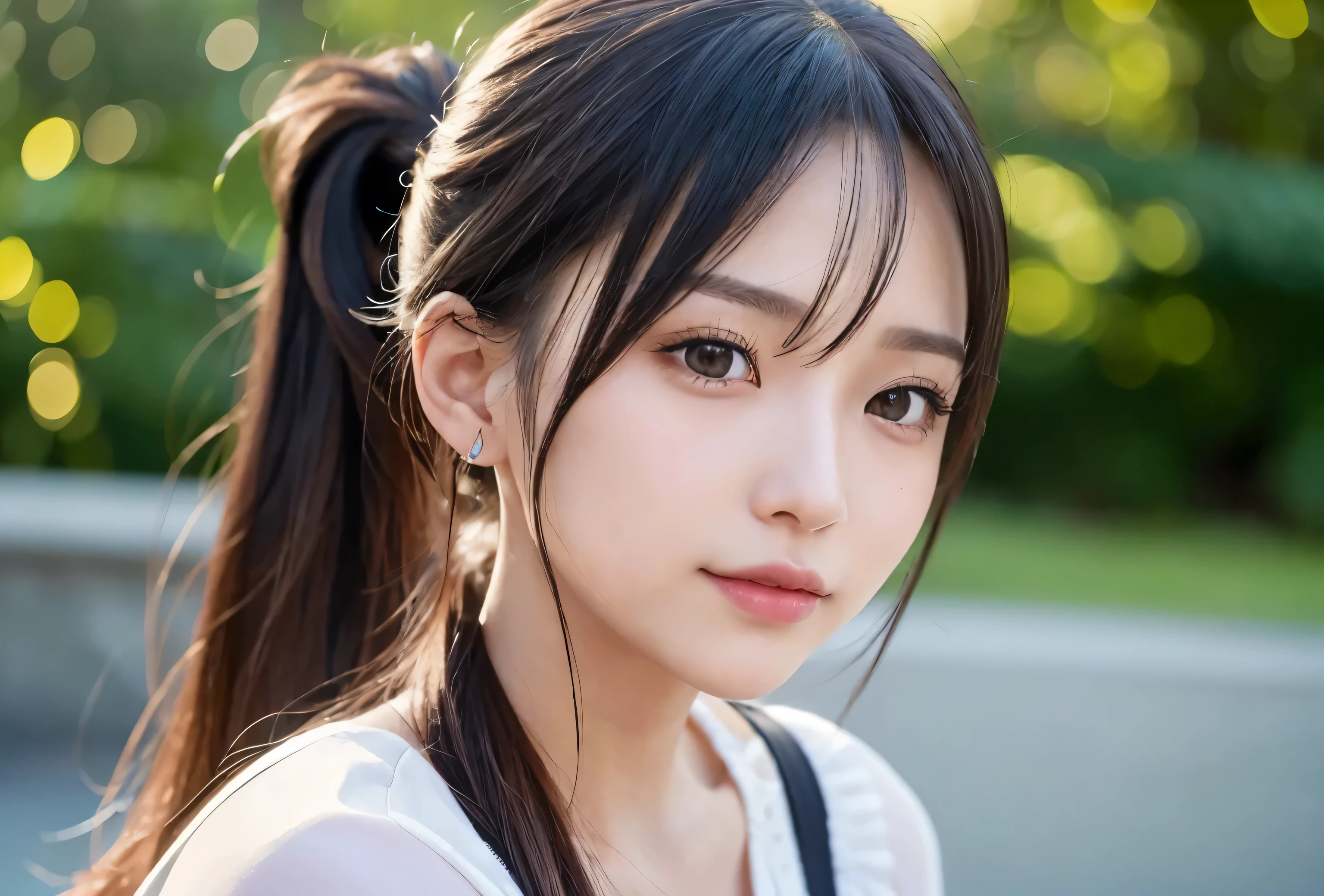 One piece with collar,outdoors,Urban Park,On the lawn,Ultra-detailed, finely detail, hight resolution, 8K Wallpaper, Perfect dynamic composition, Beautiful detailed eyes,Outdoor,Close-up of face,Outdoor,Blushing,Facing forward,,Long hair ponytail,((8k, Raw photo, Best Quality, Mastepiece:1.2), (Realism, Photorealistic:1.4), (Highly detailed 8K wallpapers), Depth of written boundary, Cinematic Lighting, Soft Light, Detailed Beauty Eye,Shiny and smooth light brown ponytail, Asymmetrical bangs, Shiny skin, Ultra-detailed skins ,It is high resolution., High detail, Detailed hairstyle, Detailed facial beauty, Hyper-realistic, Perfect limbs, Perfect Anatomy ,1 Japanese girl,Famous Japanese Idols, Perfect female body,A shy smile,Short eyelashes,Double-edged eyelids,Look straight here,Hair style: ponytail,カフェテラス