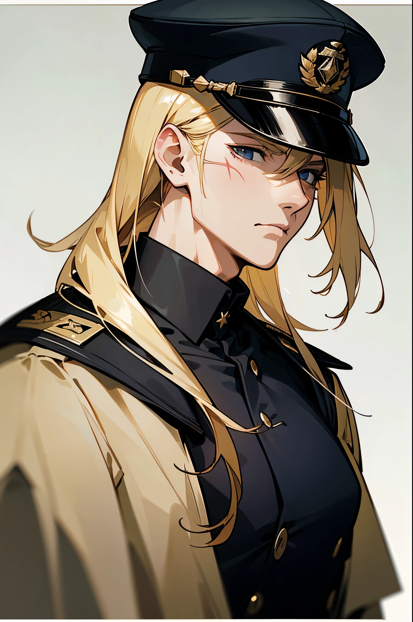 A German general, blonde with straight, medium-length hair, black military clothing, cut scar on his mouth, cheek and neck, manhwa style
