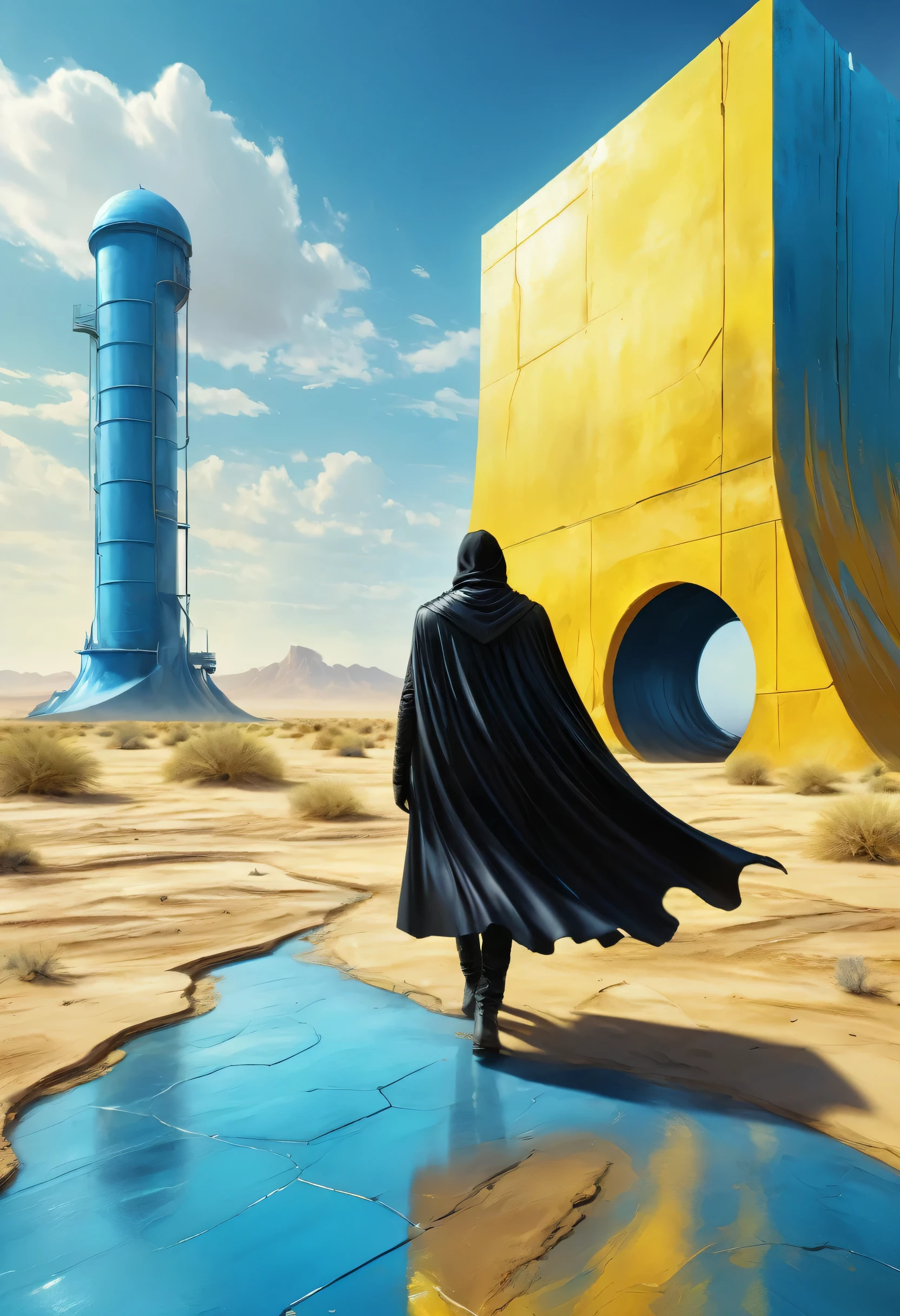 Man in black cape in the desert walking alone, mostly blue tones and small details in yellow, 4D high relief texture painting, construction, construction site, Building in the background, floor, 8k, 4D, futuristic, water tank in the background, ornate desert, aerial view, view from far away, photorealism, abstract impressionism