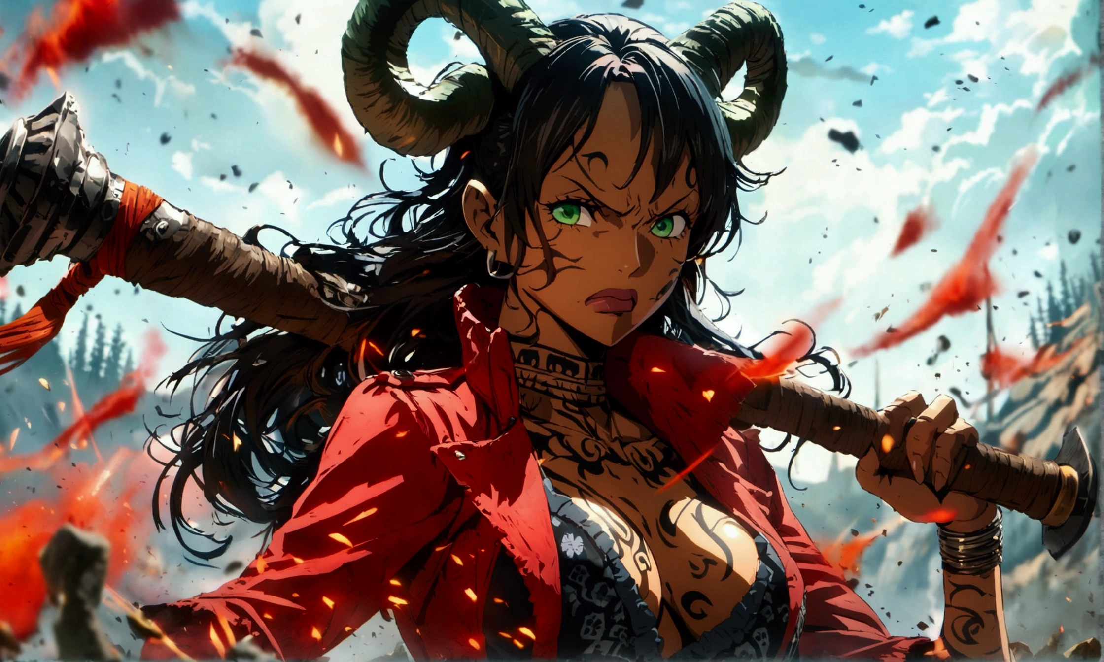 Female, black skin, mature face, medium brown hair, green eyes, red jacket, black horns, tribal tattoos, black top, holding an axe, angry expression, bloody battlefield background, "Anime character design inspired by One Piece, full of dramatic and impressive lighting, focus on the centralized character, impressive face, full of creative details, ultra-fine 4K design, scenery bathed in creativity, boasting 2D anime resolution clarity, HD anime graphics, high-octane rendering"